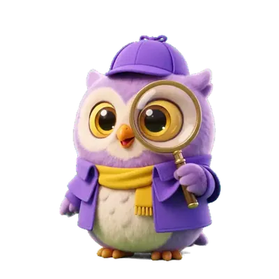 Mirabu’s owl detective waving, magnifying glass in hand.